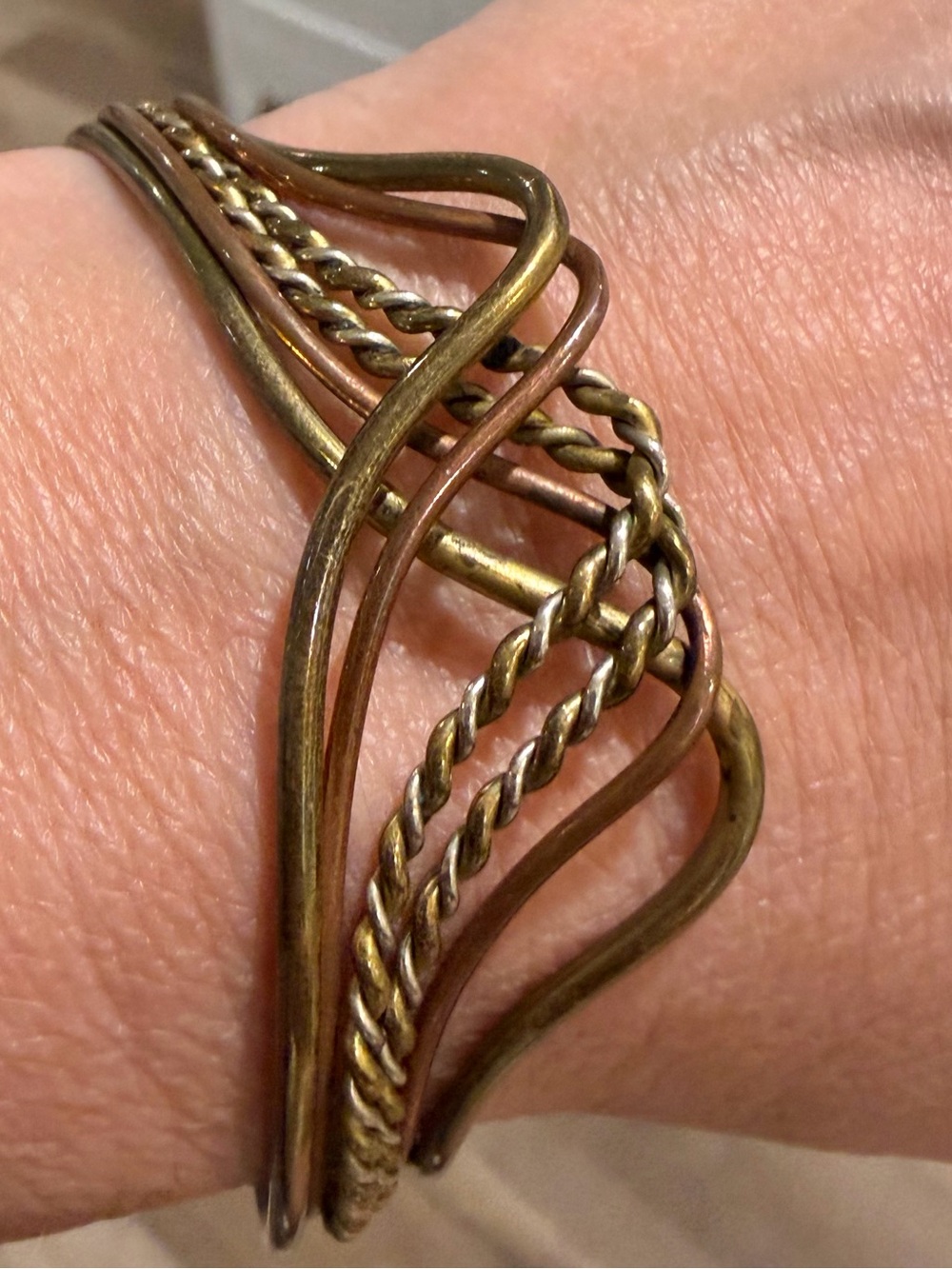 Vintage Artisan Tricolor Mixed Metal Cuff Bracelet Copper Brass Silver Boho Wave